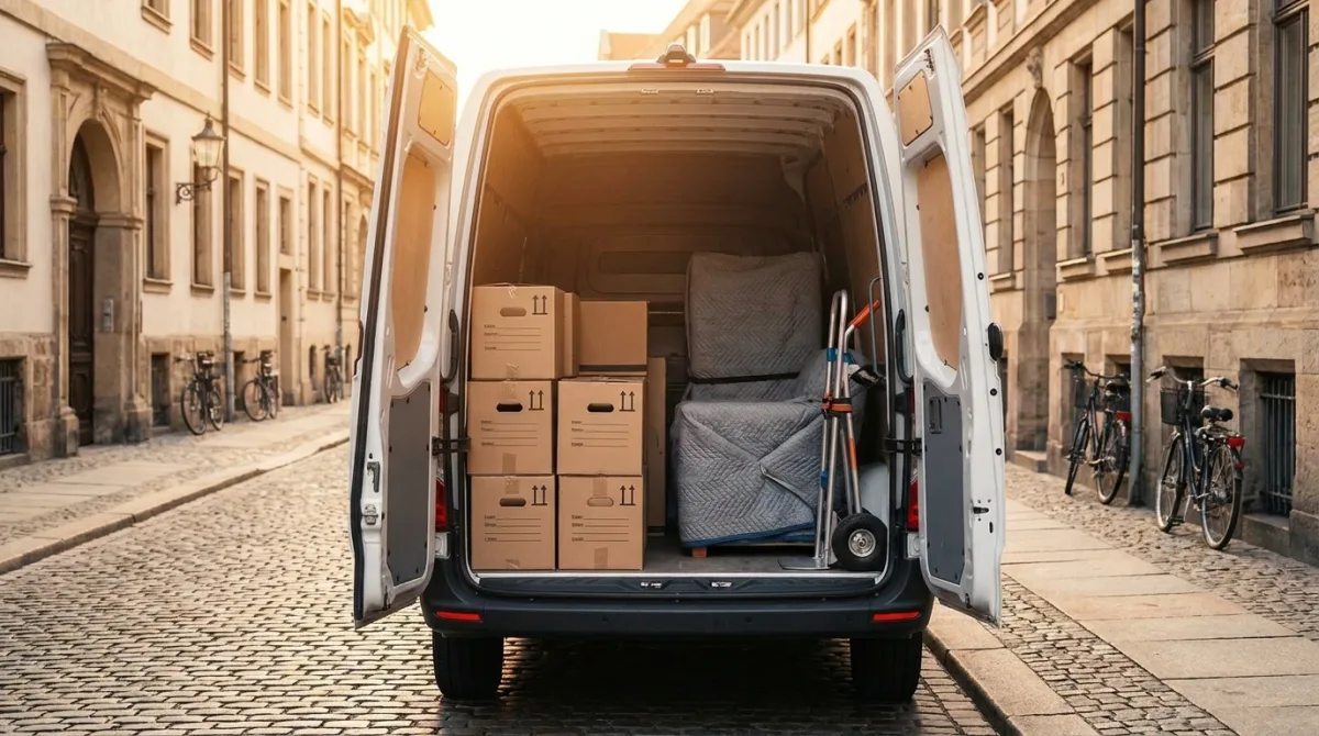 Bel kombi s škatlami na ulici – selitev in odvoz pohištva